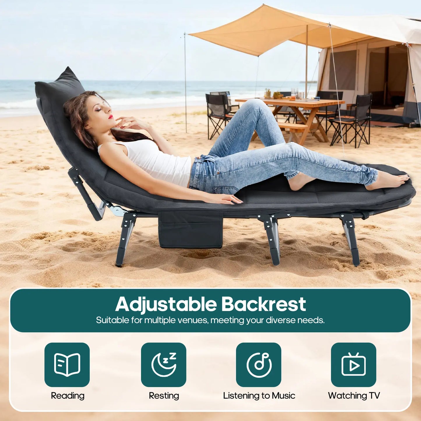Adult camping bed, 6-position adjustable folding camping bed