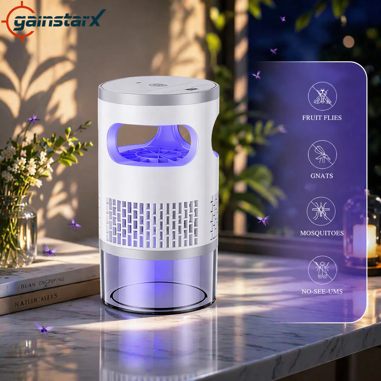 Indoor insect killer with light and suction cup, suitable for home use.